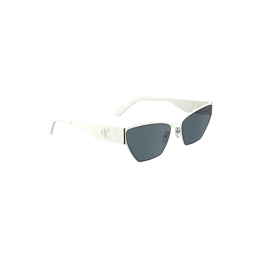 Calvin Klein white metal women's sunglasses with cat-eye frame and smoke lenses, 58mm lens width, chic and modern design.