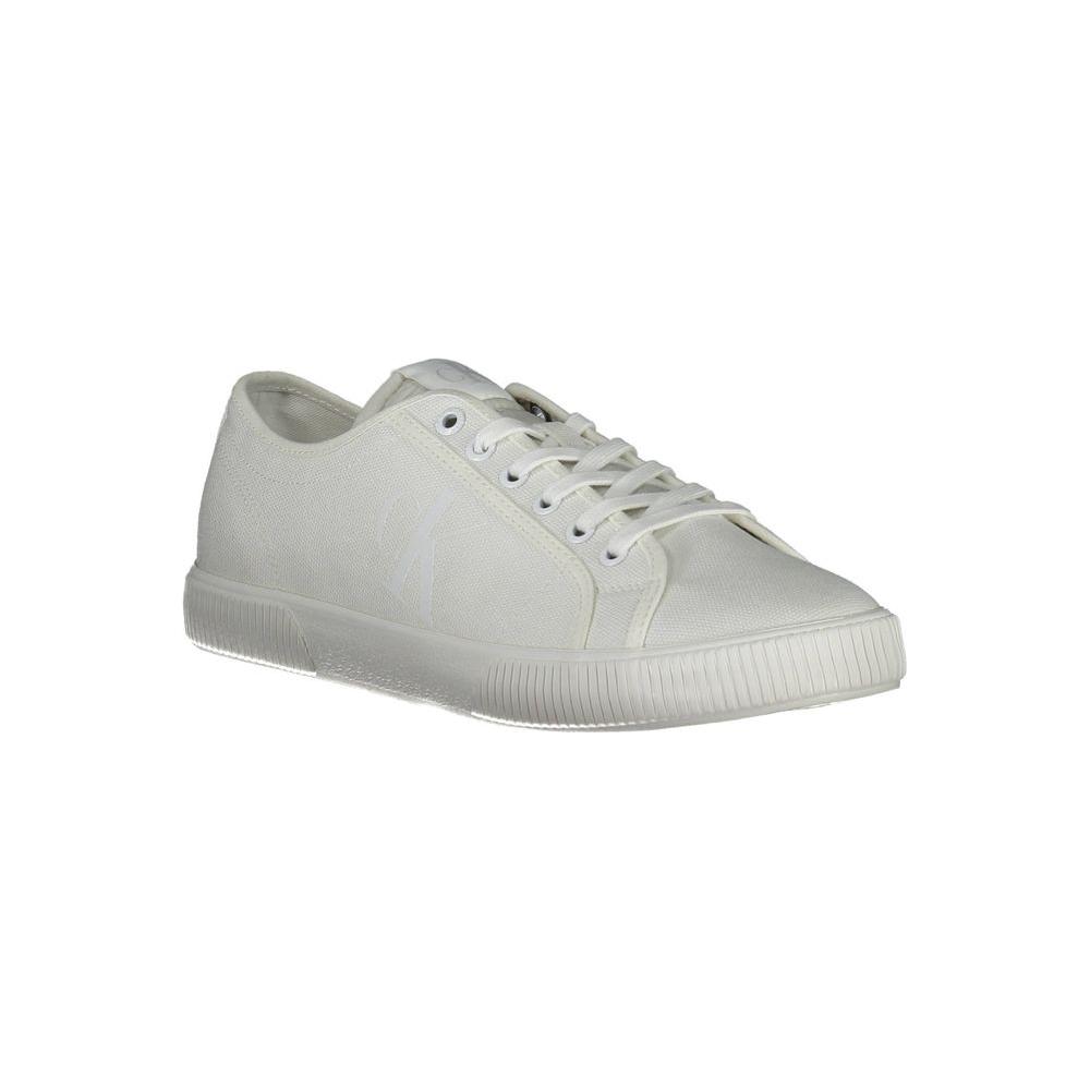 Calvin Klein white polyester men's sneaker with contrasting details and bold logo, made from sustainable materials.