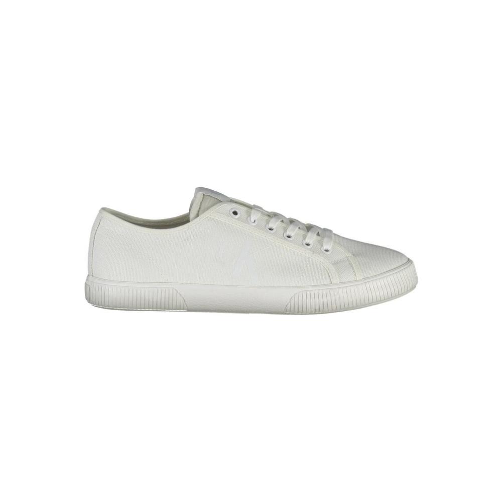 Calvin Klein white polyester men's sneaker flaunting a bold logo and modern design with 50% recycled materials for sustainable style.