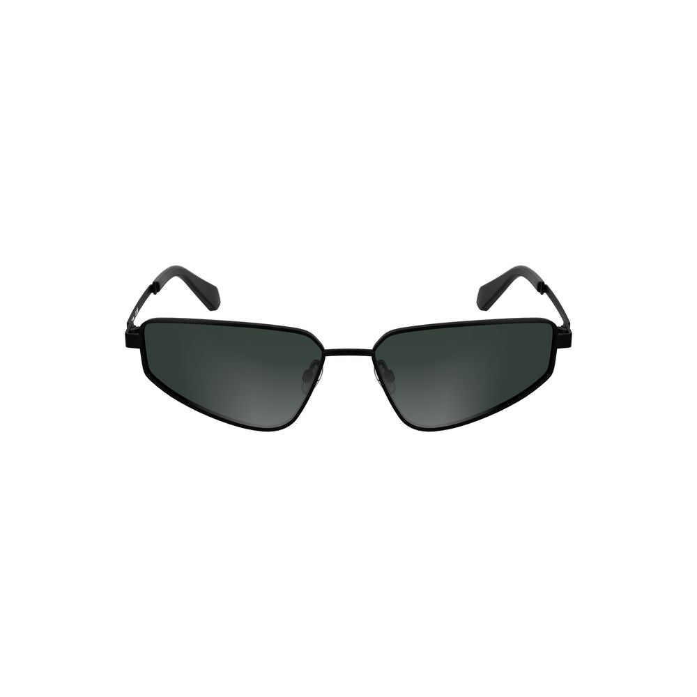 Calvin Klein black metal women’s sunglasses with sleek rectangular smoke-tinted lenses, designed for style-savvy individuals.