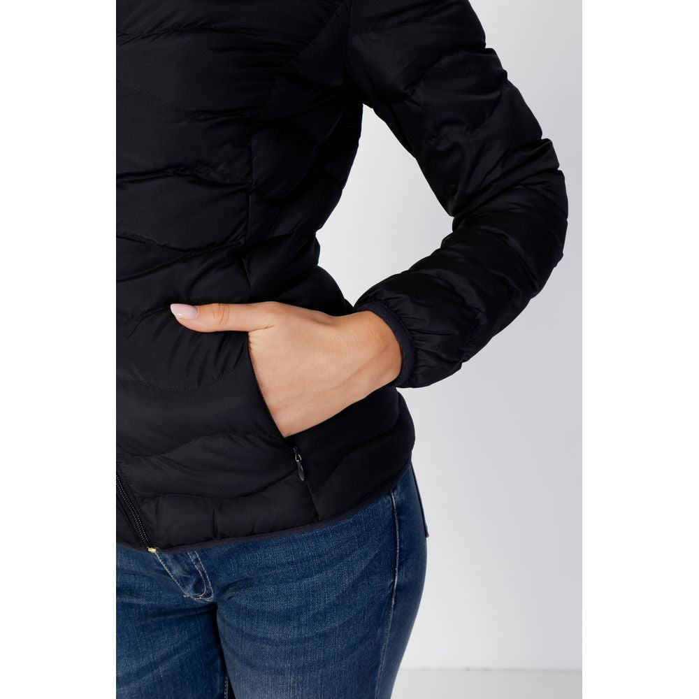 EA7 Emporio Armani black polyester women's jacket with side pocket detail, showcasing lightweight design for winter warmth.