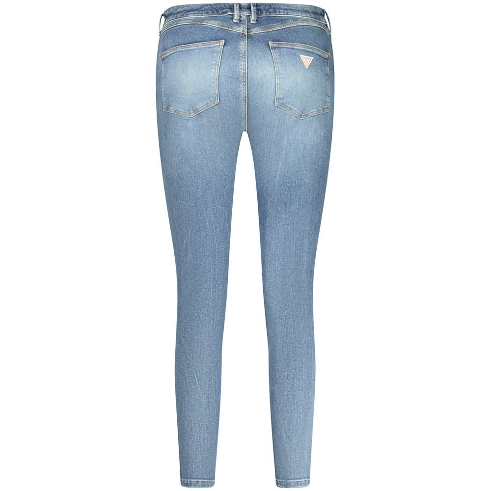 Back view of Guess skinny high blue jeans with 5 pockets, button and zip, washed effect, recycled cotton, featuring logo.