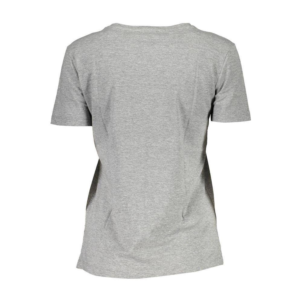 Back view of a grey women's short-sleeve t-shirt displayed on a white background.