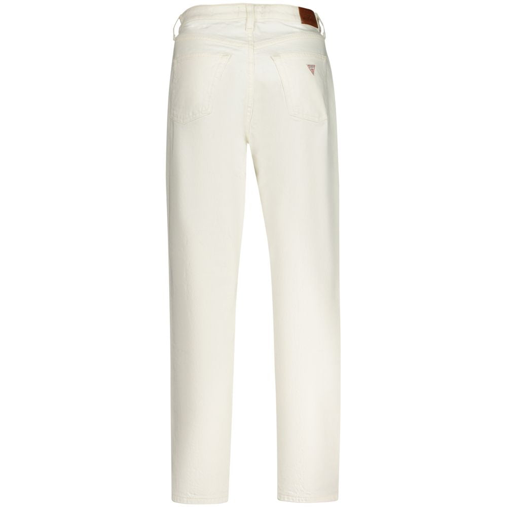 Back view of Guess white cotton women's mom jeans with high waist and relaxed fit tapering to ankle length.