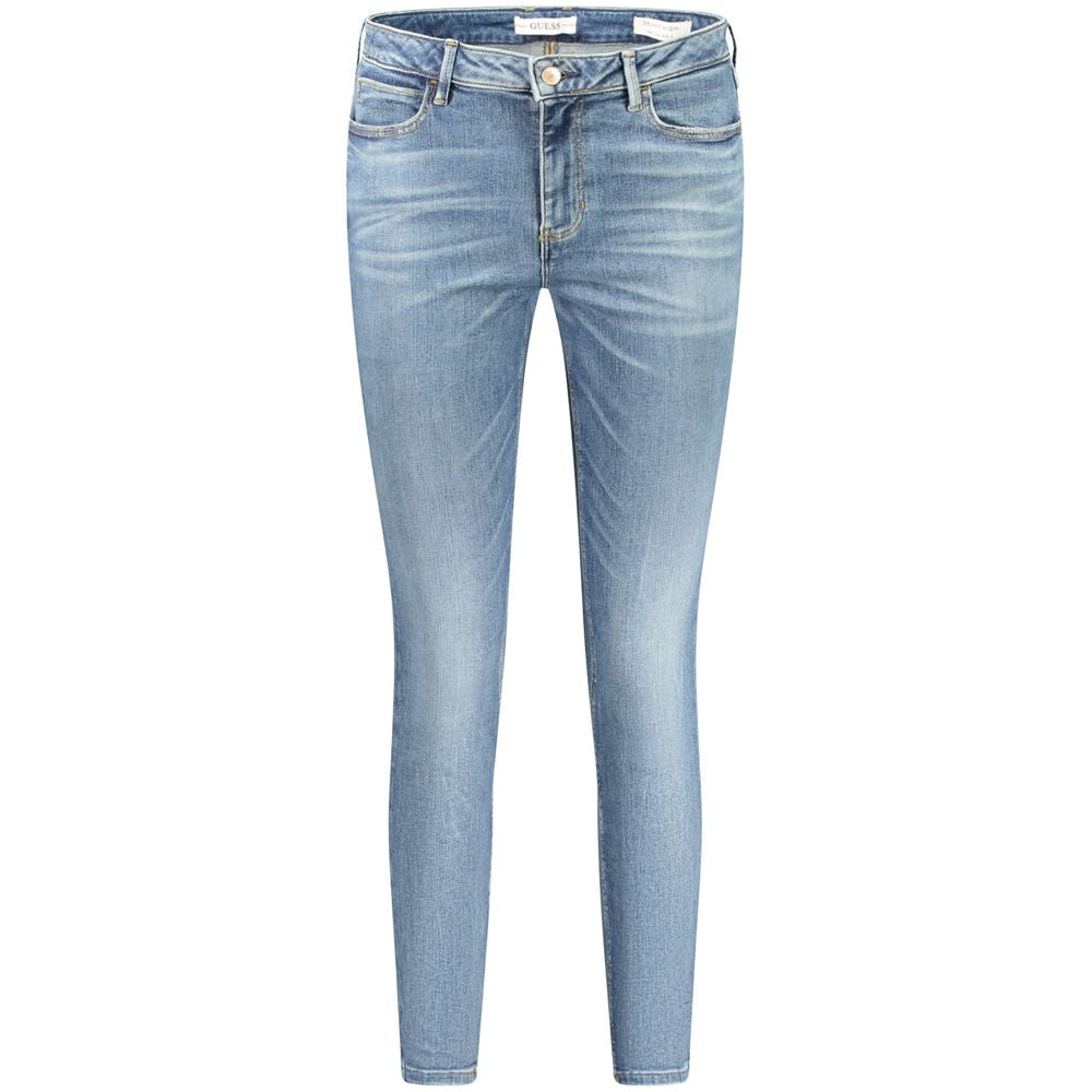Guess Jeans Blue Cotton Skinny High Jeans with Washed Effect and Logo, Featuring 5 Pockets, Button and Zip, Made of Recycled Cotton