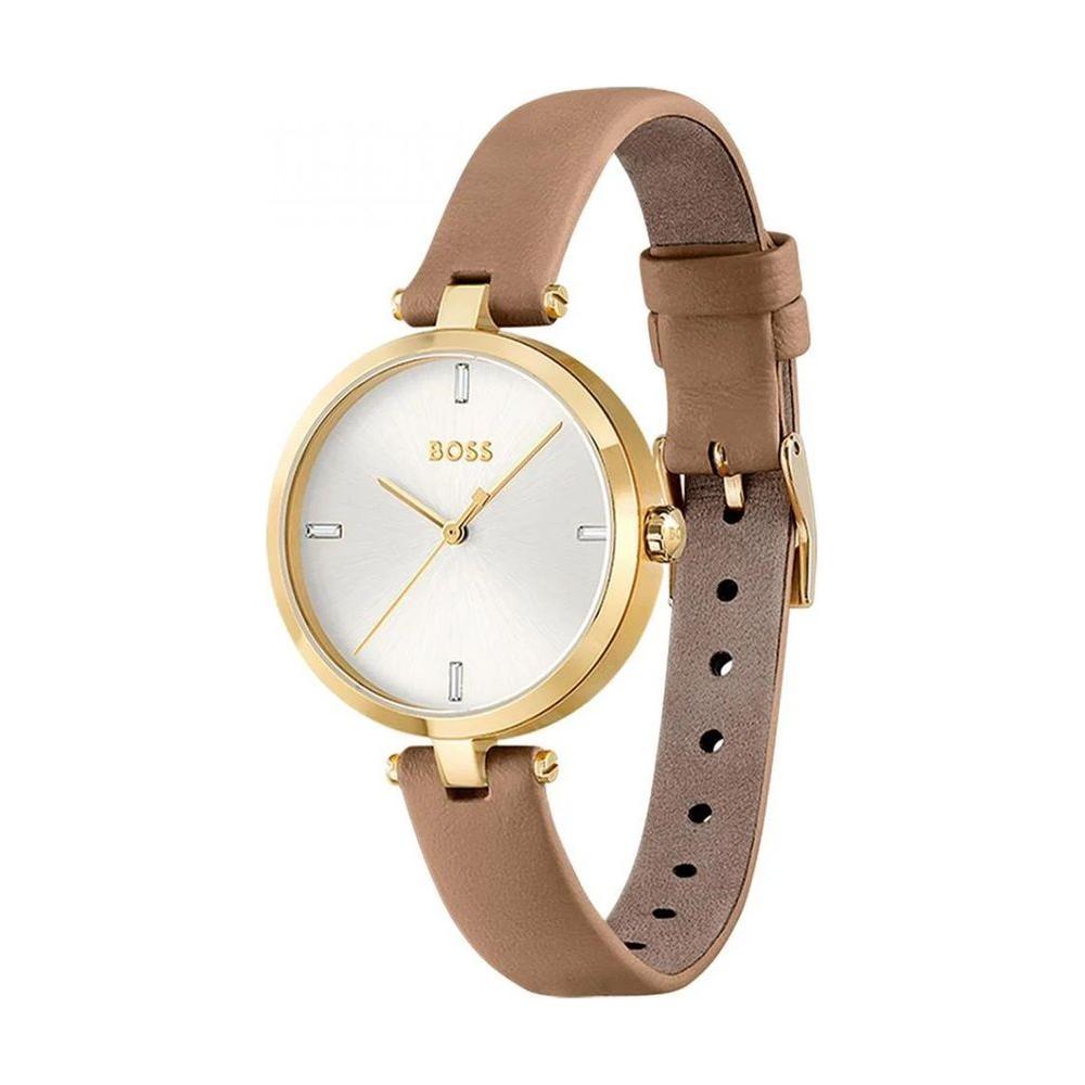 Hugo Boss beige leather watch with golden stainless steel case, quartz mechanism, silver dial, and analog display.