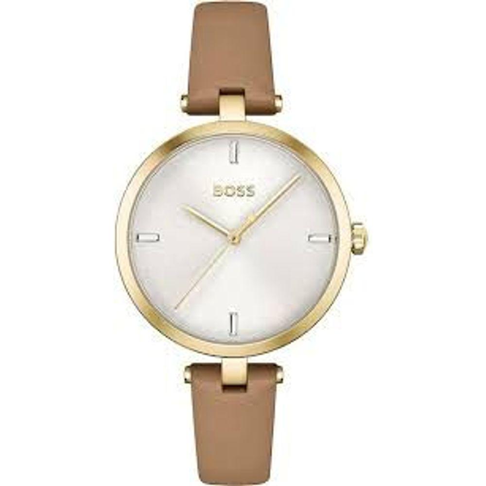 Hugo Boss beige leather watch with gold stainless steel case, silver dial, and mineral glass. Quartz analog watch, 32mm diameter.