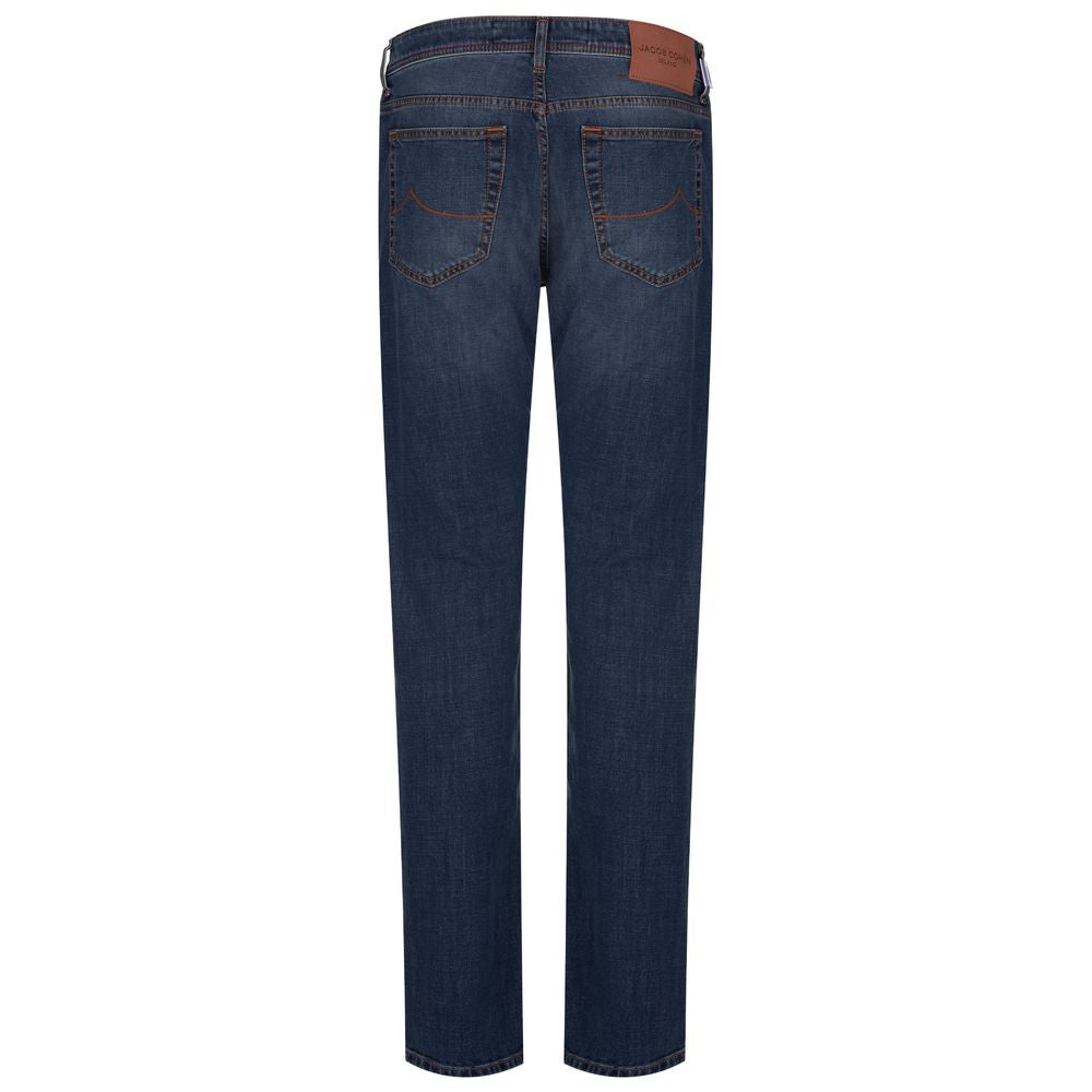 Jacob Cohen Jacob Cohen Blue Cotton Jeans & Pant Jacob Cohën Bard slim fit jeans in lightly washed blue denim with contrasting orange stitching, five pockets, button closure. Brown grained leather patch