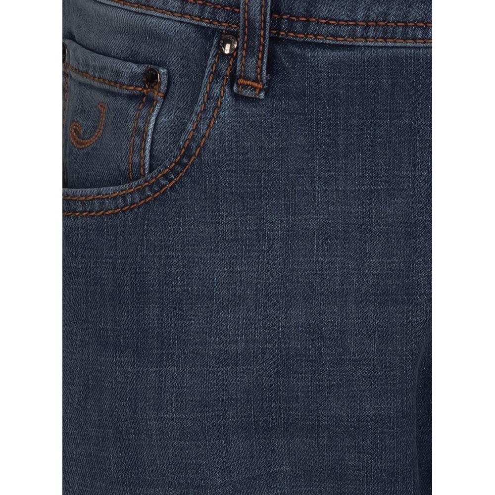Jacob Cohen Jacob Cohen Blue Cotton Jeans & Pant Jacob Cohën Bard slim fit jeans in lightly washed blue denim with contrasting orange stitching, five pockets, button closure. Brown grained leather patch