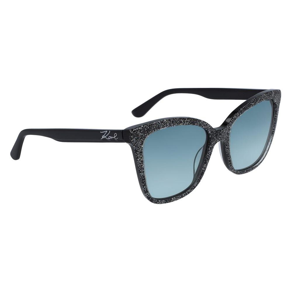 Karl Lagerfeld KL988S-002 women's black acetate sunglasses with blue lenses, featuring sparkly frame detail.