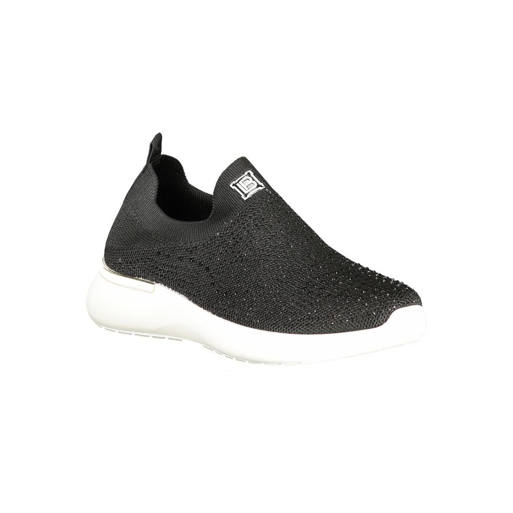 Laura Biagiotti black polyester women's sneaker with rhinestones and embroidery, showcasing elegance and functionality.