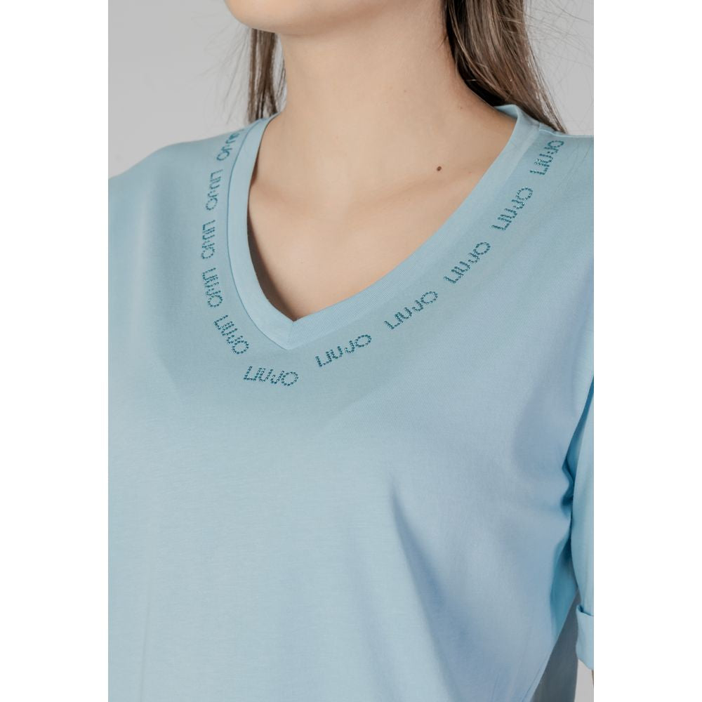 Liu Jo women's blue cotton short-sleeved t-shirt, spring/summer collection, close-up view showcasing neckline design.