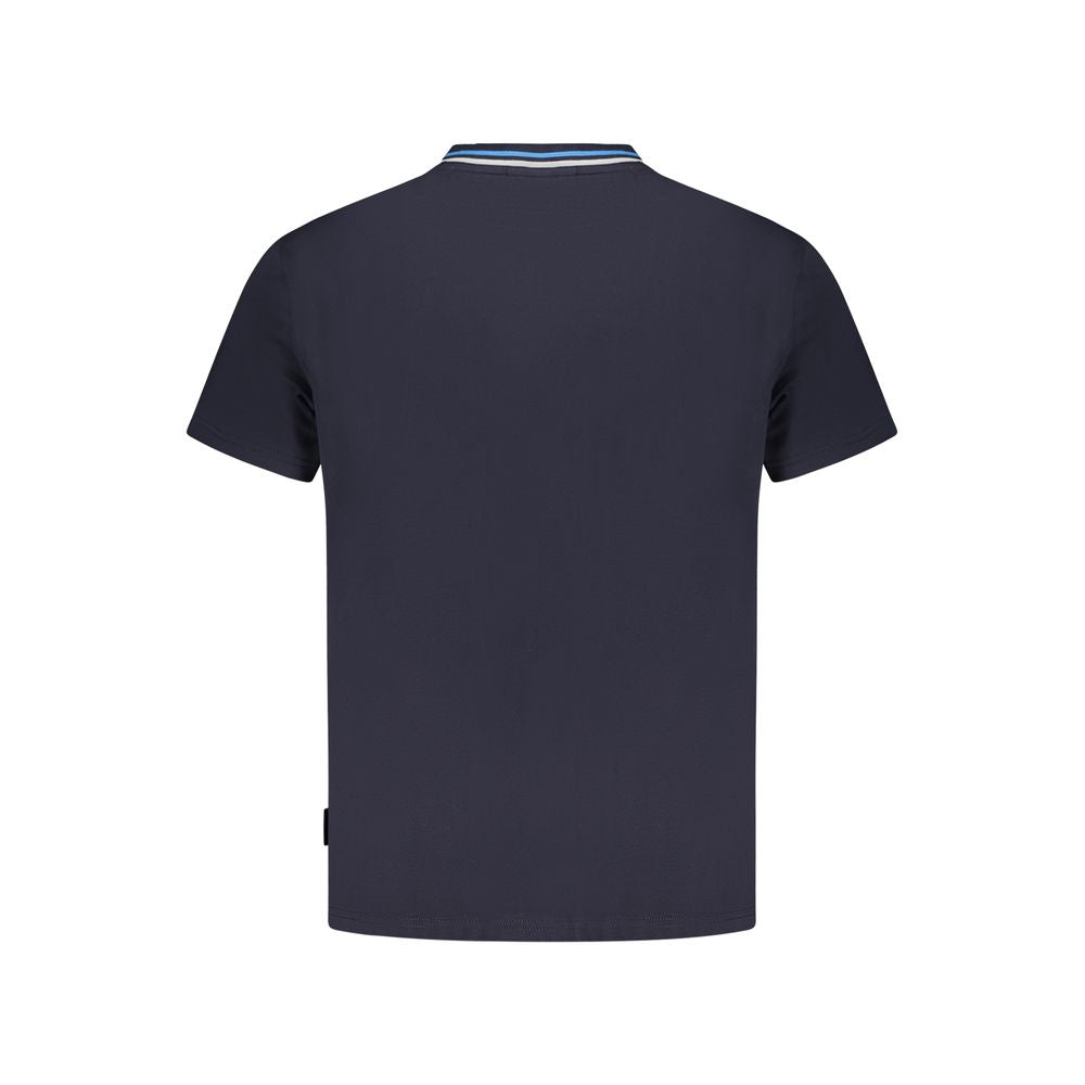 Back view of Napapijri blue cotton T-shirt with crew neck, short sleeves, organic cotton, and contrasting embroidered details.
