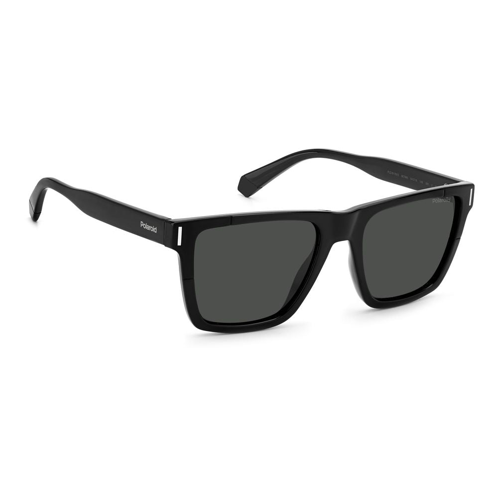 Polaroid black plastic sunglasses with polarized gray lenses, square matte finish frame, metal rivets, and narrow temples, size 54/19/145 mm.