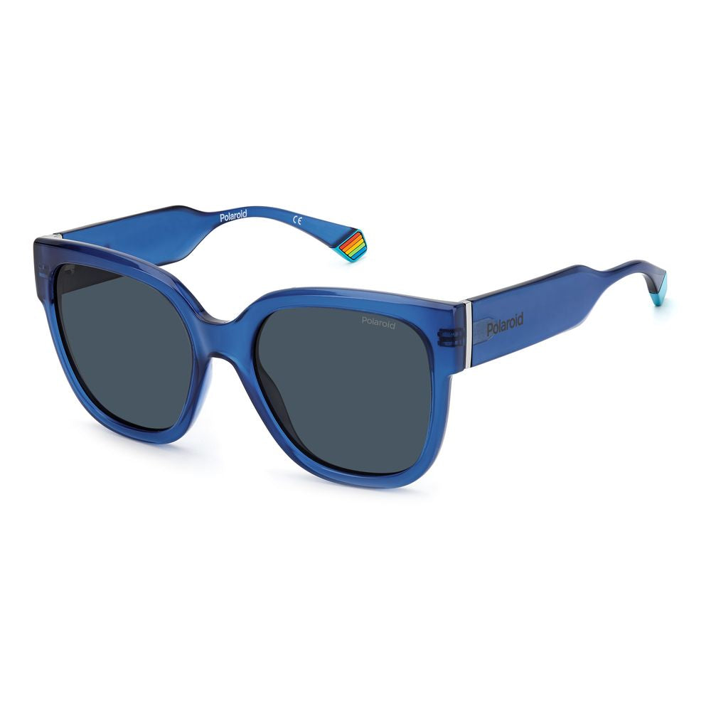 Polaroid blue plastic sunglasses with square frame and rainbow detail, polarized lenses, 55/19/140 mm dimensions.