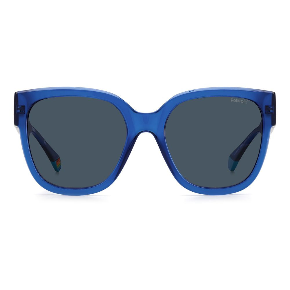 Front view of Polaroid blue plastic sunglasses with large square frames, polarized lenses, and rainbow-accented temples, model PLD6167SPJPC3.