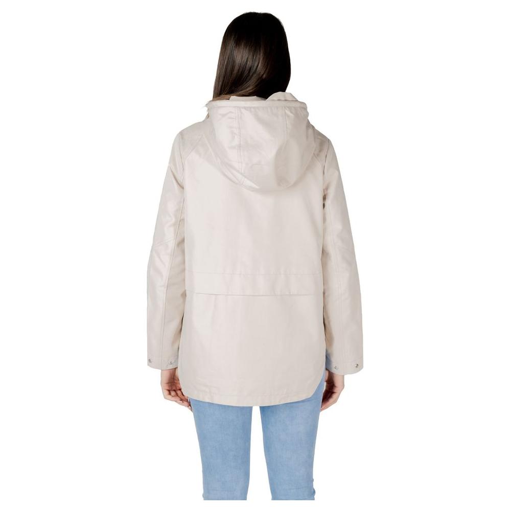 Back view of Street One beige cotton parka jacket with hood, perfect for casual wear, made from cotton-polyester blend.
