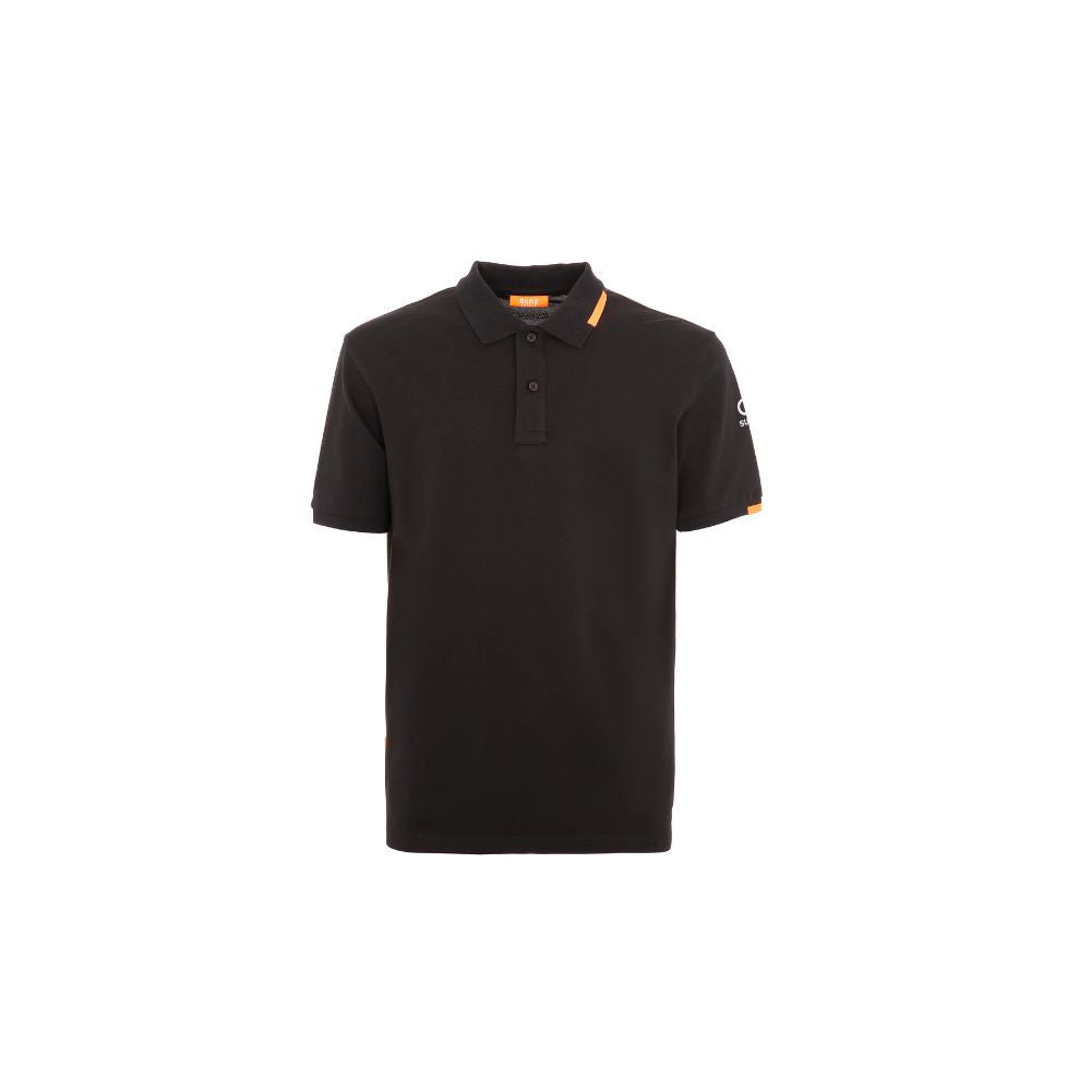 Suns black cotton polo shirt with ribbed collar, logo on sleeve, and front button closure.