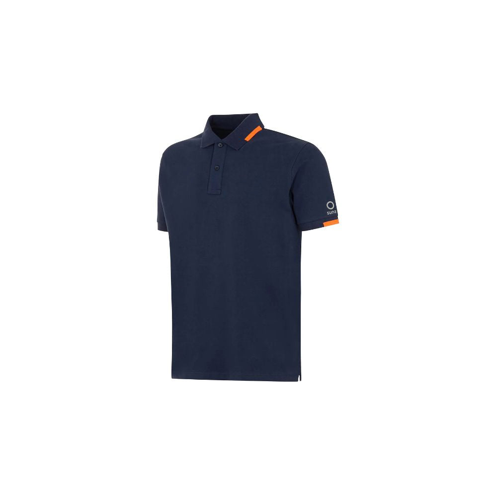 Suns blue cotton polo shirt with ribbed collar, logo on left sleeve, and front button closure.