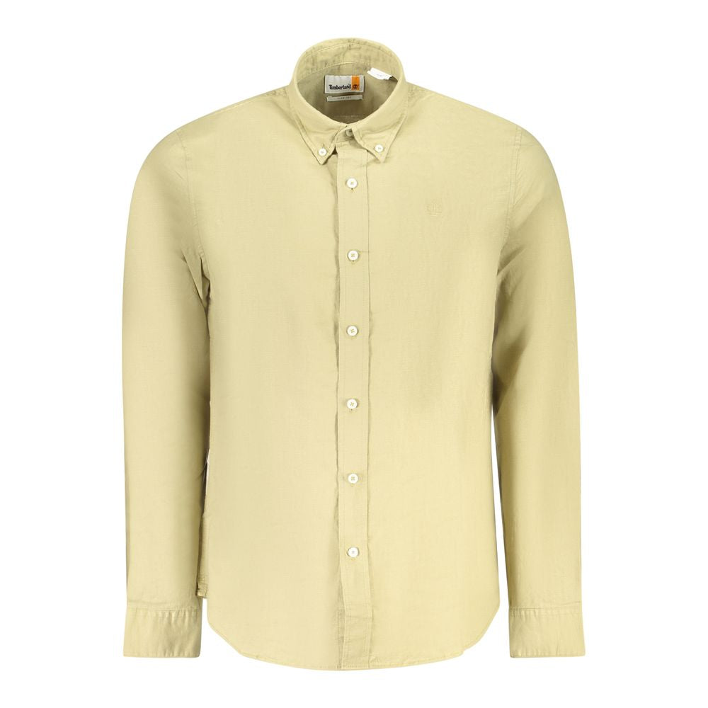 Timberland beige cotton men shirt with slim fit, button-down collar, and logo embroidery. Ideal for casual elegance.