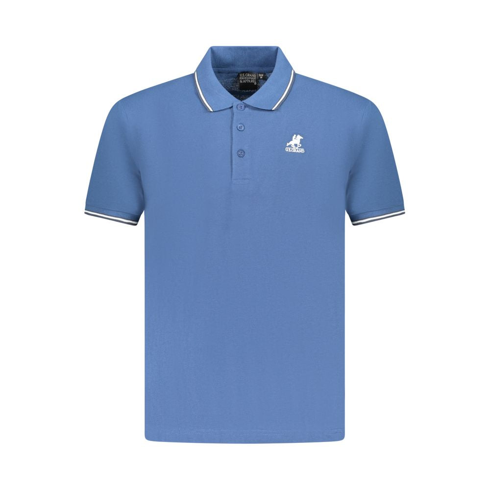 Blue U.S. Grand Polo men's cotton shirt with logo embroidery and three-button placket. Elegant short sleeve design.