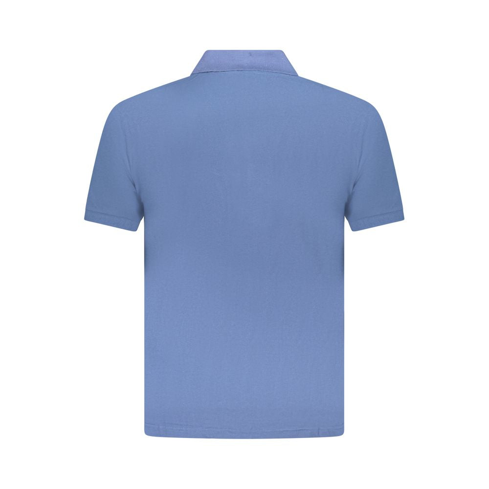 Back view of U.S. Grand Polo blue cotton men's polo shirt showcasing short sleeves and classic collar design.