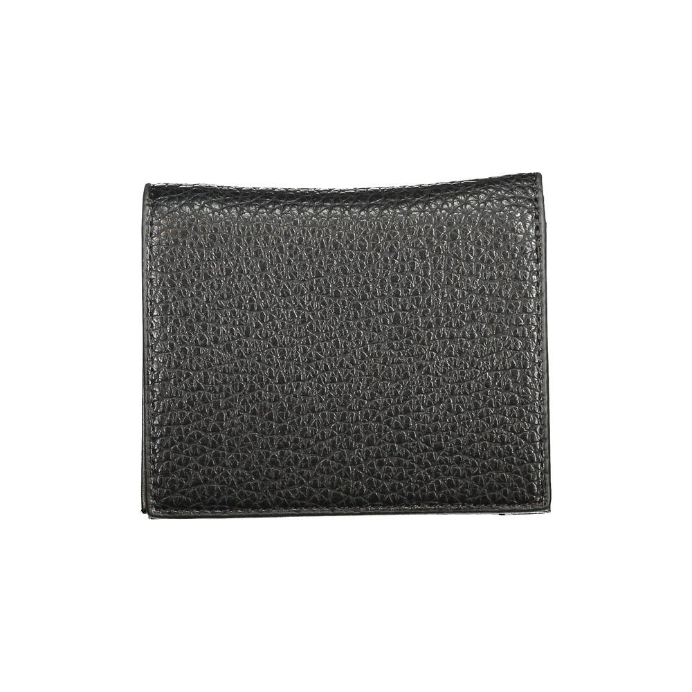 Valentino Bags black polyethylene wallet featuring card spaces, coin purse, logo, and automatic closure, made from recycled materials.
