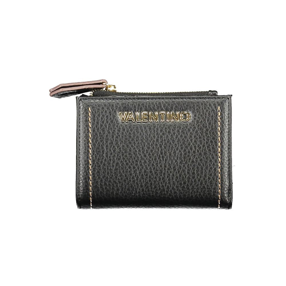 Valentino Bags black polyethylene women wallet with gold logo, featuring zippered coin purse and card compartments.