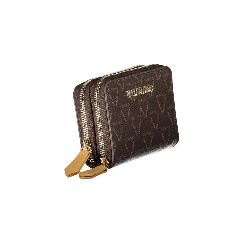 Valentino Bags brown polyethylene women's wallet with three compartments and logo detailing.