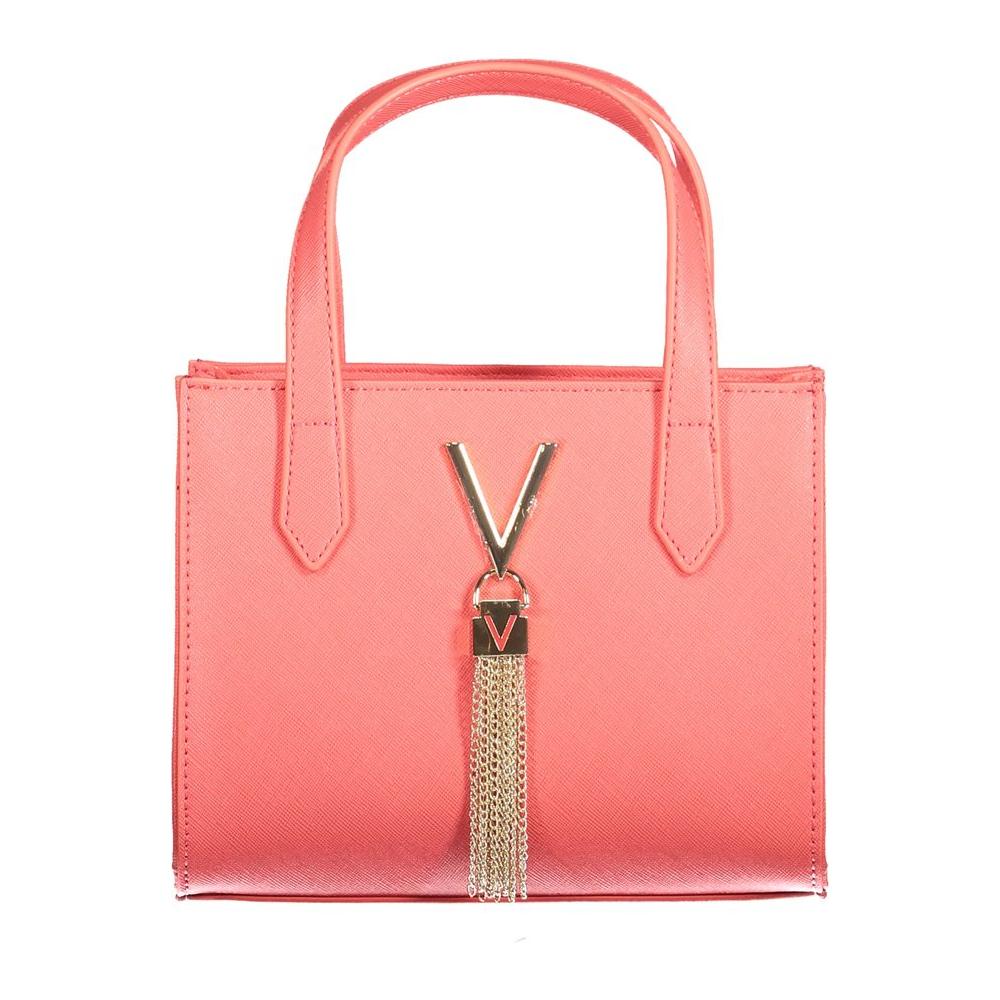 Valentino Bags pink polyethylene handbag with gold V emblem and tassel, featuring double handles for stylish carrying.