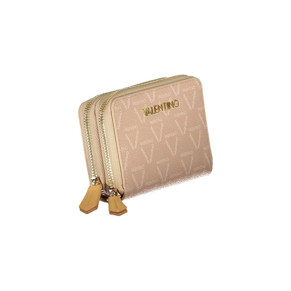 Valentino Bags beige polyethylene women's wallet with three compartments and logo zip closure, showcasing elegant design and functionality.