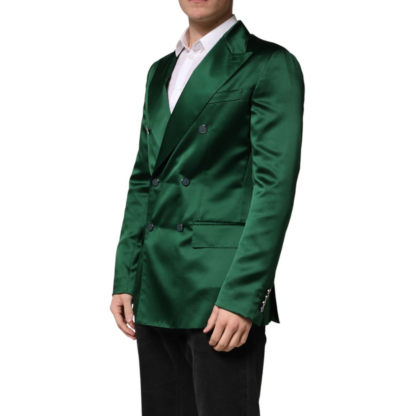 Dolce & Gabbana Green Satin Double Breasted Jacket Blazer
