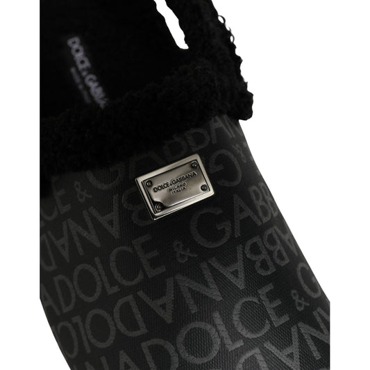 Dolce & Gabbana Gray Faux Fur Jacquard Mules Sandals Shoes