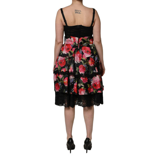Dolce & Gabbana Black Sleeveless Bustier Floral Print Tiered Dress