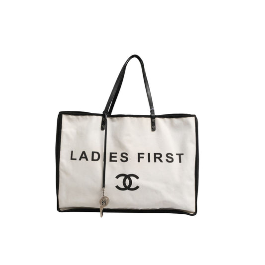 Chanel Ladies First White and Black Canvas Shopper Tote Bag