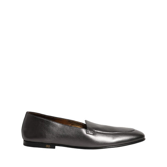 Dolce & Gabbana Silver Leather DG Logo Slip On Loafers Shoes