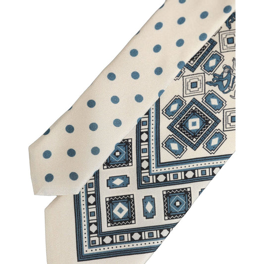 Dolce & Gabbana Men Off White Blue Geometric Adjustable Tied Necktie Tie