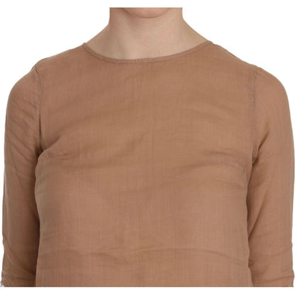 PINK MEMORIES Brown 3/4 Sleeve Crewneck Shift Mini Dress