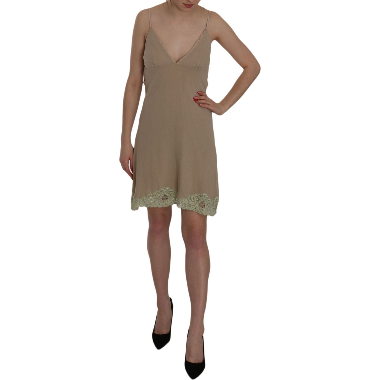 优雅米色蕾丝细肩带迷你连衣裙