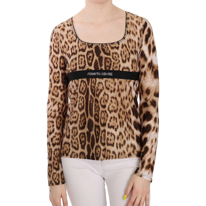 Roberto Cavalli Brown Round Neck Leopard Women Top Blouse