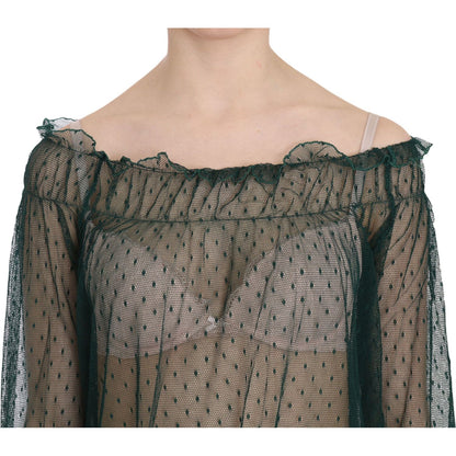 PINK MEMORIES Green Mesh See Through Long Sleeve Top Blouse