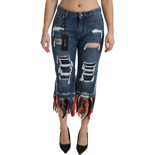 Dolce & Gabbana Blue Feathers Low Waist Cropped Cotton Jeans PAN70867-36