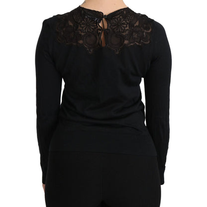 Dolce & Gabbana Black Silk Lace Crew Neck Long Sleeve Blouse