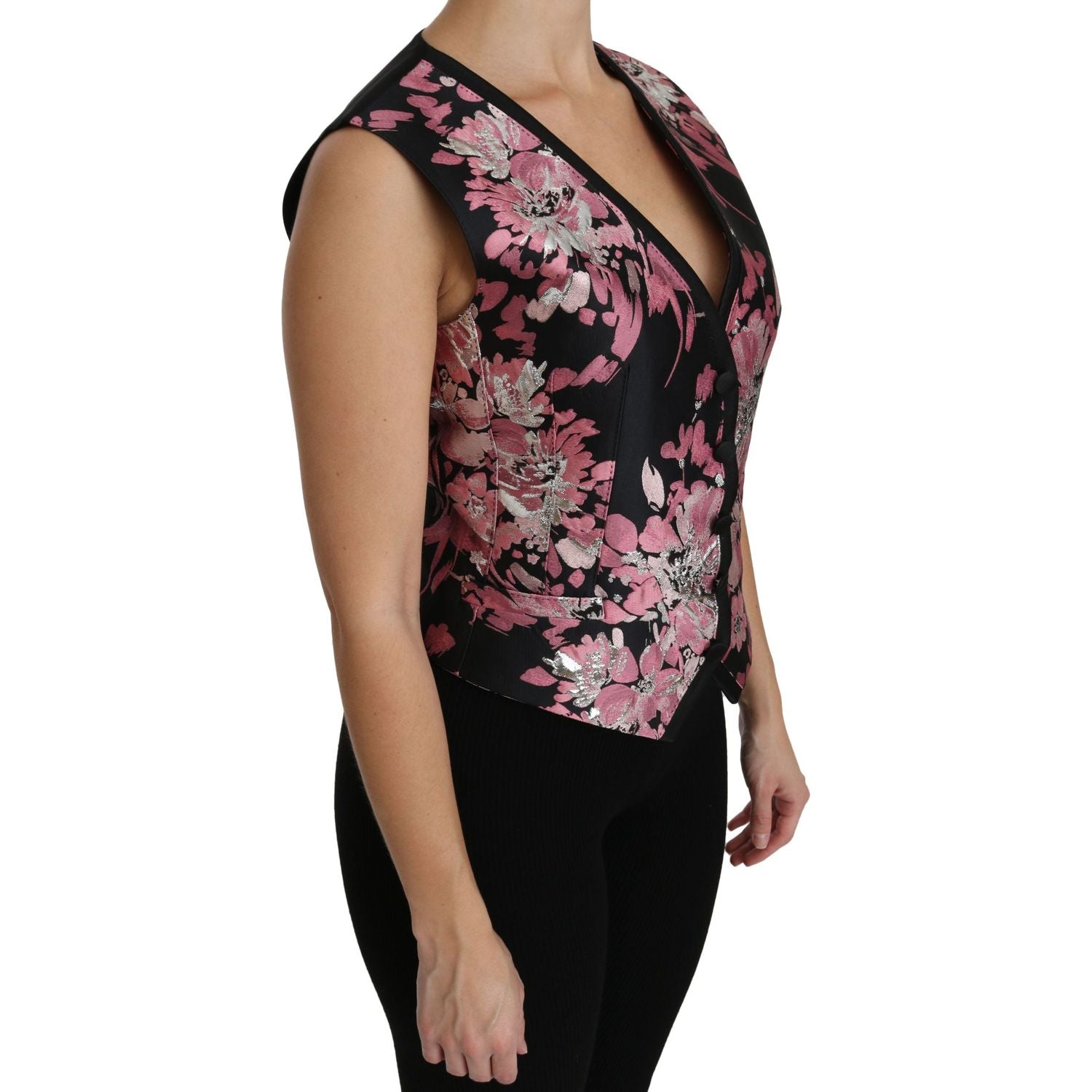 Dolce & Gabbana Black Pink Floral Waistcoat Vest Blouse Top