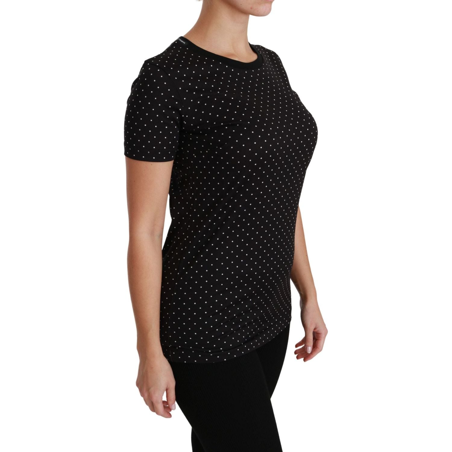 Dolce & Gabbana Black Dotted Crewneck Cotton Top T-shirt