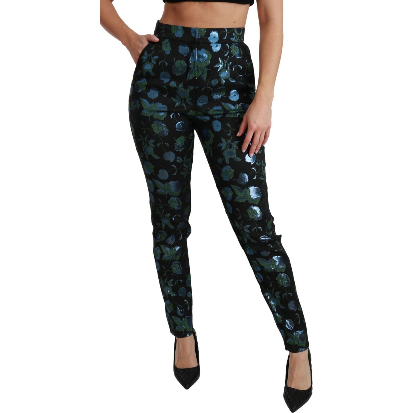 Dolce & Gabbana Blue Green Floral Metallic Slim Pants