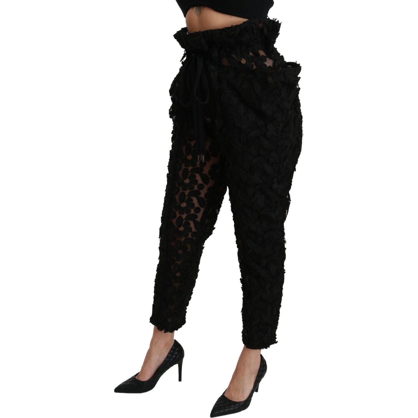 Dolce & Gabbana Black Floral Lace Tapered High Waist Pants Jeans & Pants