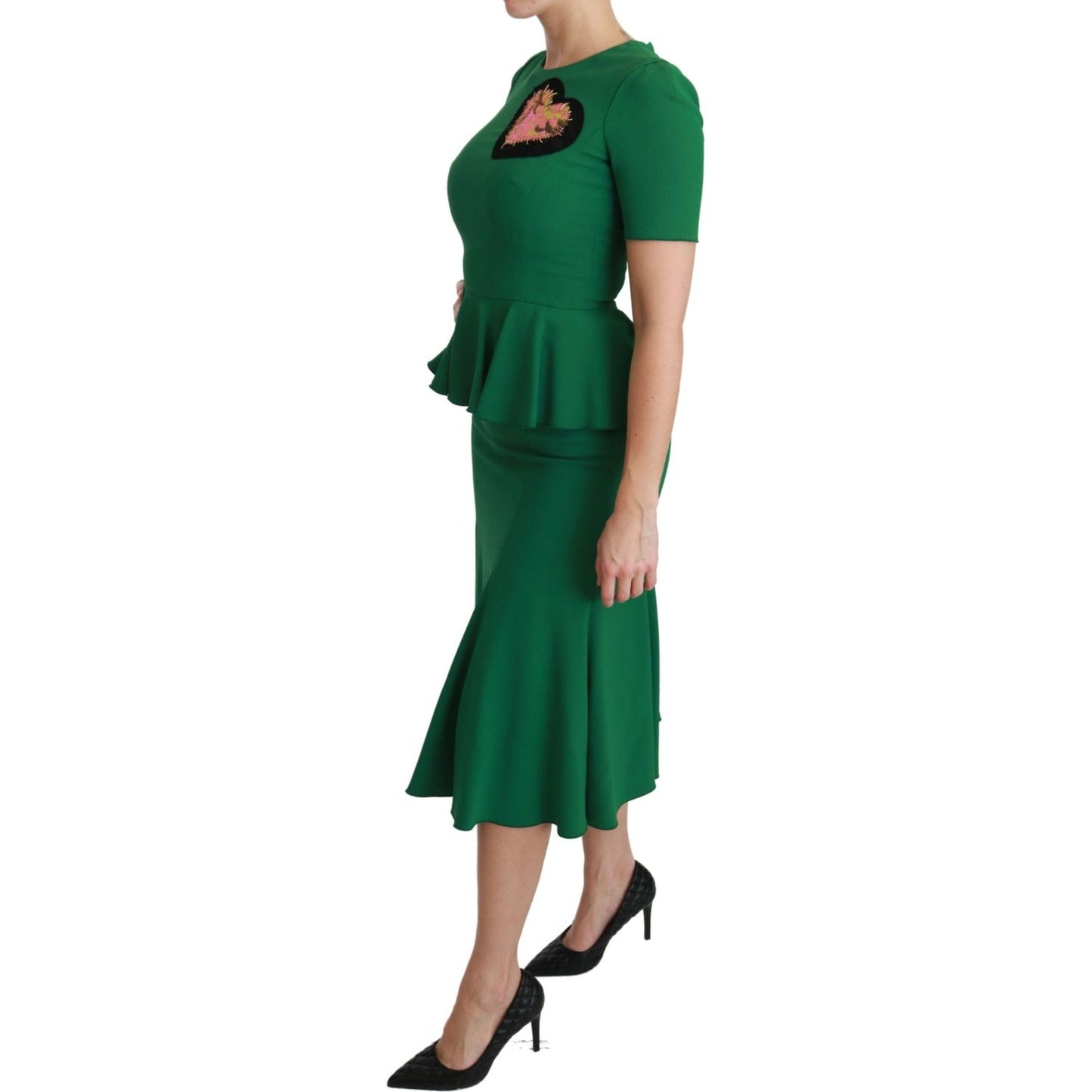 Dolce & Gabbana Green Heart Patch Mermaid Midi Viscose Dress