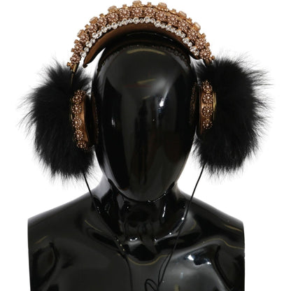 Dolce & Gabbana Gold Black Crystal Fur Headset Audio Headphones