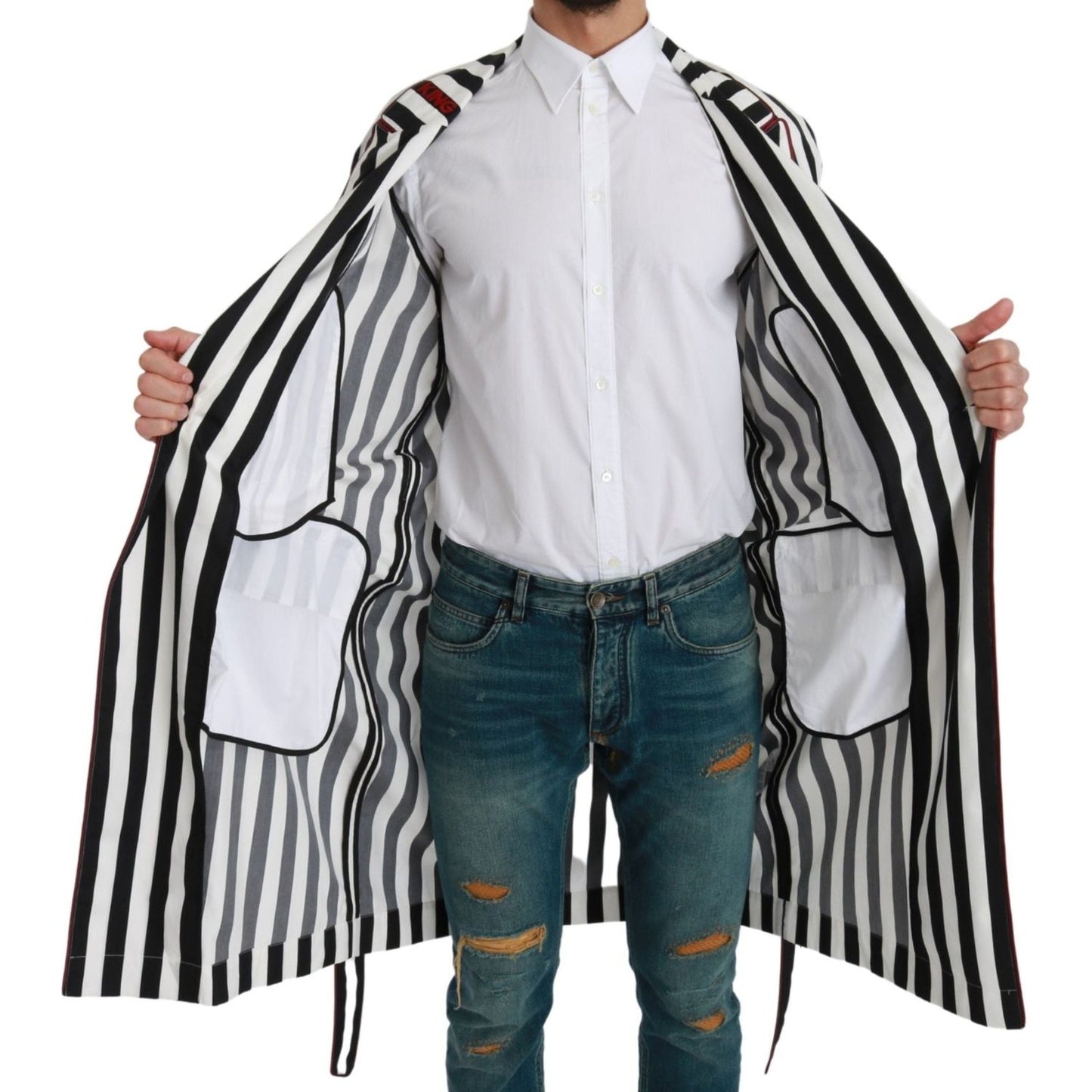 Dolce & Gabbana Black Coat Nightgown White Cotton Robe